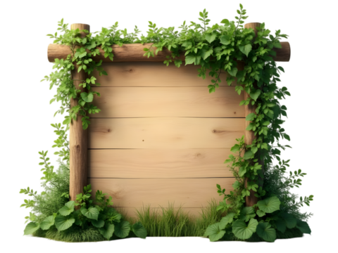 Large Natural Light Brown Wooden Signboard Framed by Lush Green Vines and Foliage on Wooden Posts isolated on a transparent background