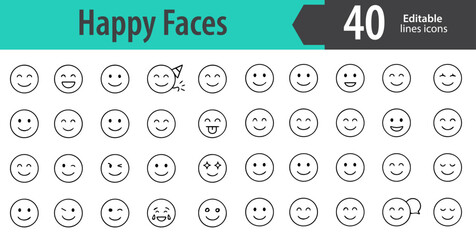 Happy Faces Line Icons, Smiling Face, Laughing, Cheerful Expression, Joy, Positive Mood, Editable Formats: AI, EPS, PNG, Ideal for Both UI and Print Media Use
