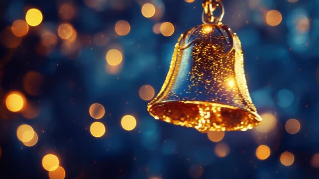 A decorative bell hangs from a chain with soft lights in the background
