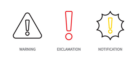 Warning icon set. Exclamation mark, alert, notification, attention sign. Vector illustration. Editable stroke. Flat design.