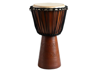 A tall brown African djembe drum with a carved wooden base and black rope detailing isolated on a transparent background