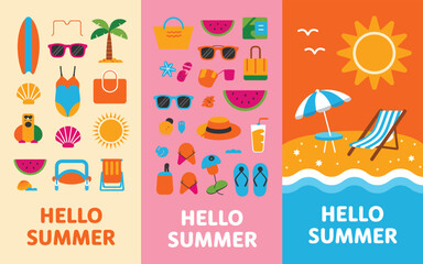 Set of three vertical summer-themed posters with colorful backgrounds featuring beach icons, watermelon, sunglasses, and “HELLO SUMMER” text