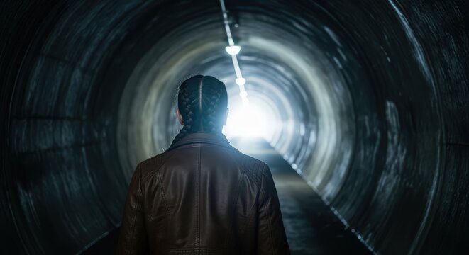  Silhouette of a person walking confidently into a blinding light at the end of a dark tunnel. Long shadows, dramatic contrast, feeling of moving forward through adversity, facing the unknown with cou