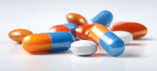 The colorful capsules and tablets arranged artistically on a smooth surface.