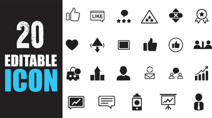 A comprehensive collection of 20 editable vector icons for social media, business, and communication, perfect for modern digital projects and user interface designs
