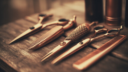 Neatly arranged professional barber tools on a wooden surface with warm brown tones and soft lighting