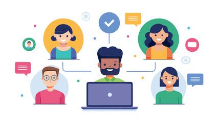 Illustration of a video conference with five people and chat bubbles and a check mark icon above