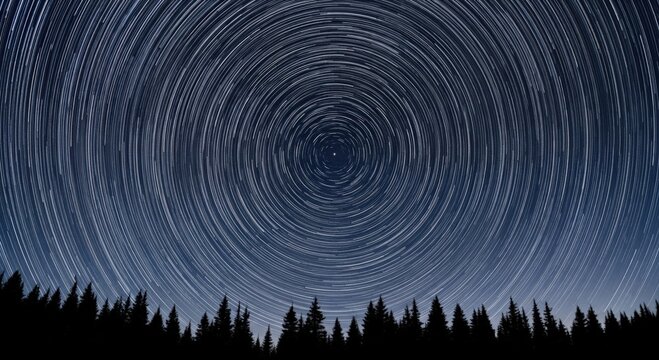 Star trails over the night sky Star trails swirl above a silhouetted forest landscape.