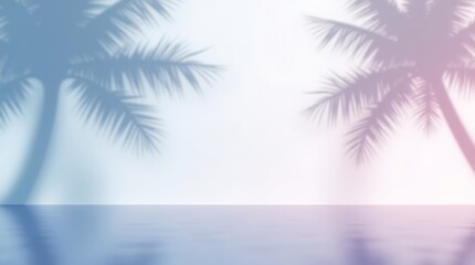 Fototapeta premium Serene Tropical Sunset Backdrop: Palm Tree Shadows, Pastel Sky, and Tranquil Water Reflections for Summer Vacation Vibes