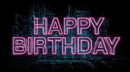 Obraz premium Happy birthday neon sign with digital city background in pink and cyan colors on a black backdrop