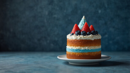 Bright blue cake placed on a cake stand, blue background.