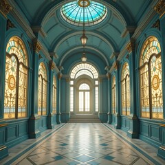 Obraz premium Grand Stained Glass Hallway: Vintage Harmony of Teal and Gold