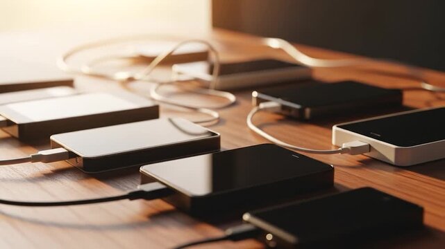 Multiple Devices Charging on a Wooden Tabletop