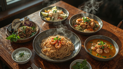 Top view of various food arrangements in bowls, a set of traditional Thai food.