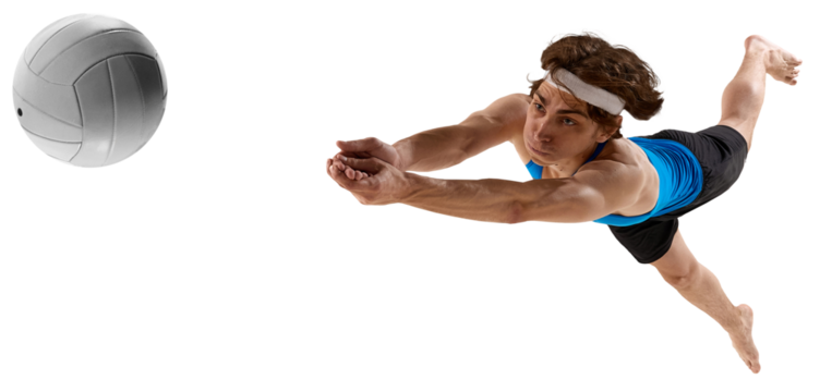 Volleyball player dives with urgency to save ball in blue shirt isolated on transparent background. Concept of teamwork, fast reflexes, critical defense, and dramatic athletic action.
