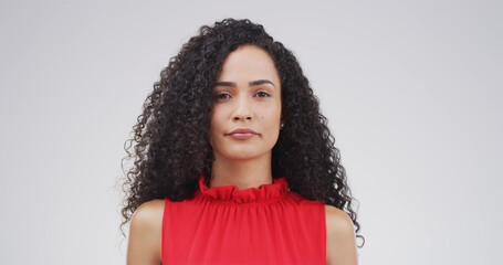 Serious, confident and portrait of woman in studio with positive attitude for creative career....