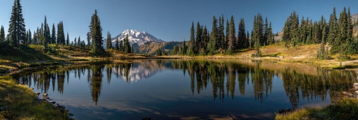 Fototapeta premium Serene mountain lake reflecting snow-capped peak under a clear blue sky, surrounded by evergreen trees and autumnal grasses