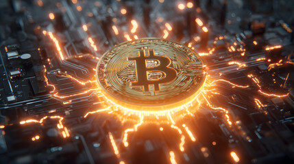 Glowing Bitcoin on Circuit Board: Digital Currency and Cryptocurrency