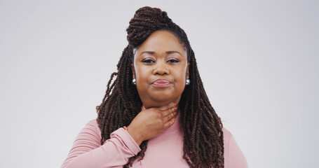 Pain, portrait and sore throat with black woman on studio space for cold, flu or virus symptoms....