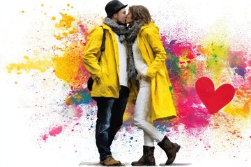 Playful couple sharing a kiss in vibrant yellow rain jackets against a colorful splash background encapsulating joy and connection in a whimsical urban setting captured with clarity