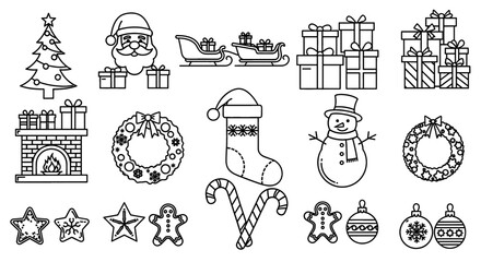 Christmas Vector Icon Set | Tree, Santa, Gifts, Wreath, Candies, Ornament, Fireplace, Stocking, Sleigh, Snowman, Gingerbread, Holiday, Season icons