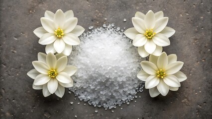 White Flowers and Sea Salt Cluster on Stone Textured Background
