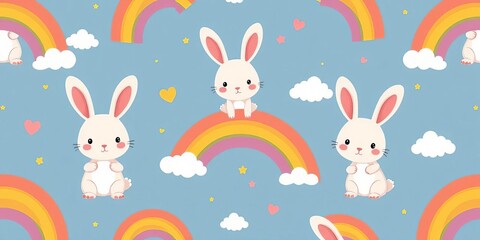 Obraz premium Adorable cartoon rabbit and rainbow seamless pattern Flat style vector illustration ideal for kids' projects, cloth, pastel