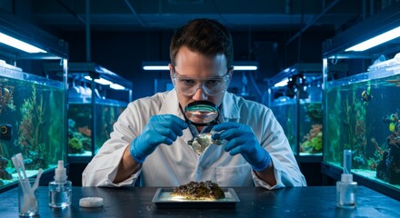 Marine Biologist Examining Coral Sample Under Magnifying Glass in Lab