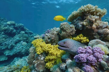 Fototapeta premium A moray eel lurks amidst vibrant coral reefs with a yellow fish swimming nearby