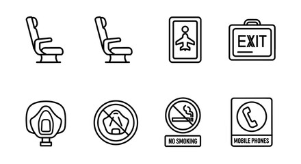 Airline Safety Vector Icon Set | Seat, safety mask, exit, no smoking, passenger, no phone, aircraft symbols