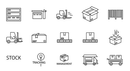 Stock Vector Icon Set | Storage, logistics, delivery, packaging, barcode, forklift, shipping, pallet, stock, tracking, management, cargo icons