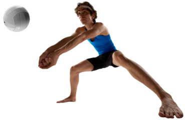 Volleyball player prepares with focused readiness to receive ball in blue shirt isolated on transparent background. Concept of anticipation, defensive stance, team coordination, and game awareness.