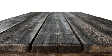 Rustic dark wood planks table surface on transparent background