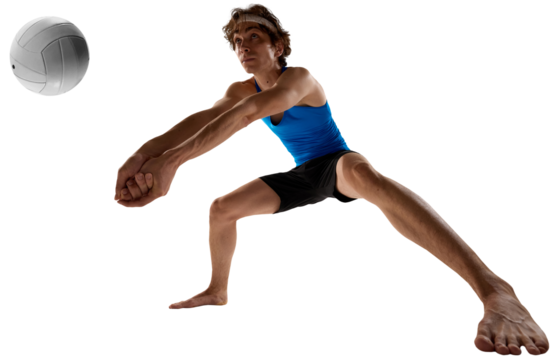 Volleyball player prepares with focused readiness to receive ball in blue shirt isolated on transparent background. Concept of anticipation, defensive stance, team coordination, and game awareness.