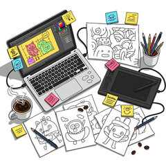 Creative workspace with digital art, doodles, and coffee illustration