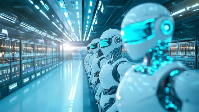A row of sleek, white humanoid robots with glowing blue visors stands in a futuristic server room, symbolizing advanced AI and data processing.