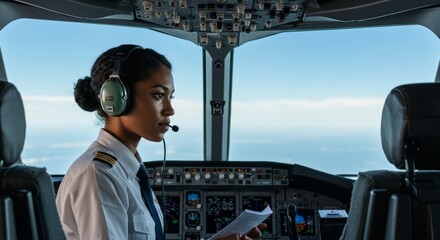 Fototapeta premium Female Pilot in Airplane Cockpit - Soaring to New Heights