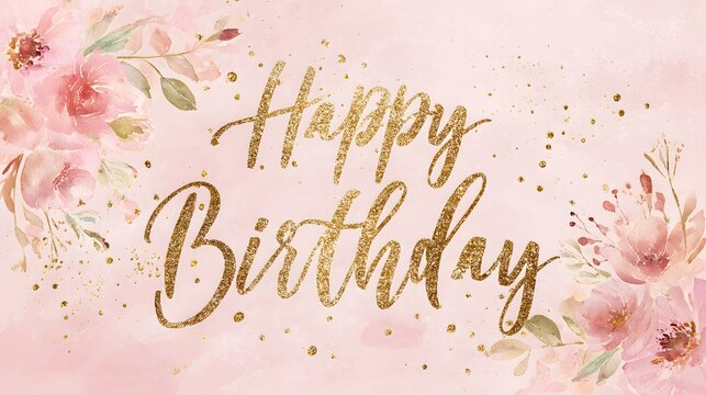 Happy birthday message with golden glitter text and watercolor floral decorations on a pink background - Powered by Adobe