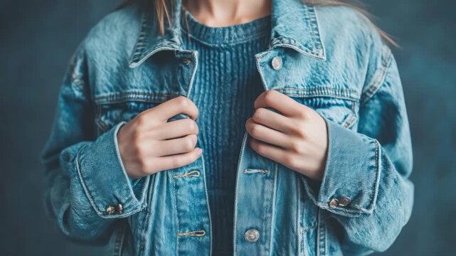 Close-up of light wash denim jacket being fastened