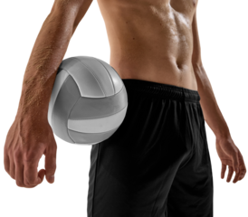 Male volleyball player holds ball by side with calm confidence showing bare torso isolated on transparent background. Concept of sports identity, athlete lifestyle, strength, and game preparation.