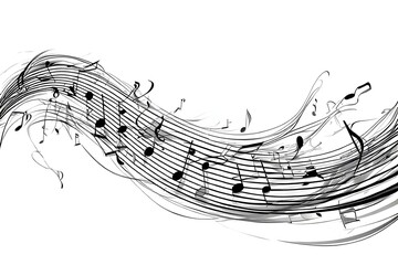 ia generated. Artistic design with swirling musical notes on white background, perfect for music, creativity, or editorial design themes.
