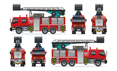 Fire engine red car truck vehicle with sky lift elevator truck peron 3D model view from various angles vector set illustration