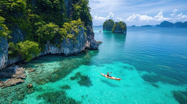 Aerial drone view of man kayaking in crystal clear lagoon sea water during summer day