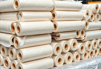 Neatly stacked rolls of clean aluminum foil, ready for shipment, metal, packing