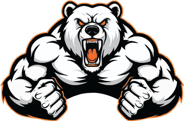 A muscular, ferocious polar bear with bulging muscles, roaring in a cartoon style.
