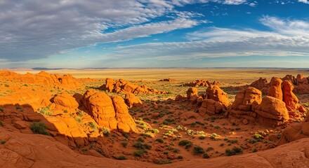 Dramatic Landscape Golden Hour Over Arches National Park's Fiery Red Rock Formations Under a Blue Sky with Wispy Clouds
