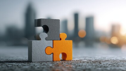 Three interlocking puzzle pieces, gray and orange, rest on a textured surface against a blurred cityscape backdrop at sunrise/sunset