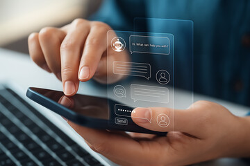 hand pushing a button on a touch screen interface starting a chatbot