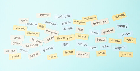 Thank you, word thanks in different languages, being thankful, support, help and charity concept, global communication