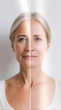 Mature woman with split screen showing aged and youthful skin. Anti aging cosmetic impact on senior female face concept. Beauty treatment footage.